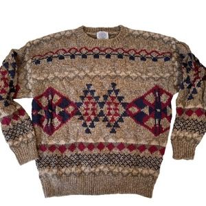 Cape Isle Knitters Sweater Hand Knit Tan Blue Red Argyle Striped Vintage Size XL